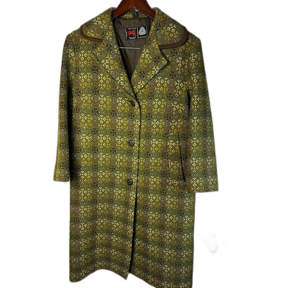 Vtg 1960s Welsh Woollens Tapestry Real Wool Women's Coat Eclipse Green Large